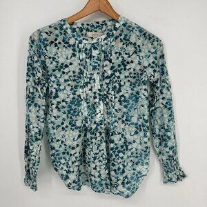 LOFT Blouse Womens XSP Blue Floral Print Long Sleeve Popover Petite